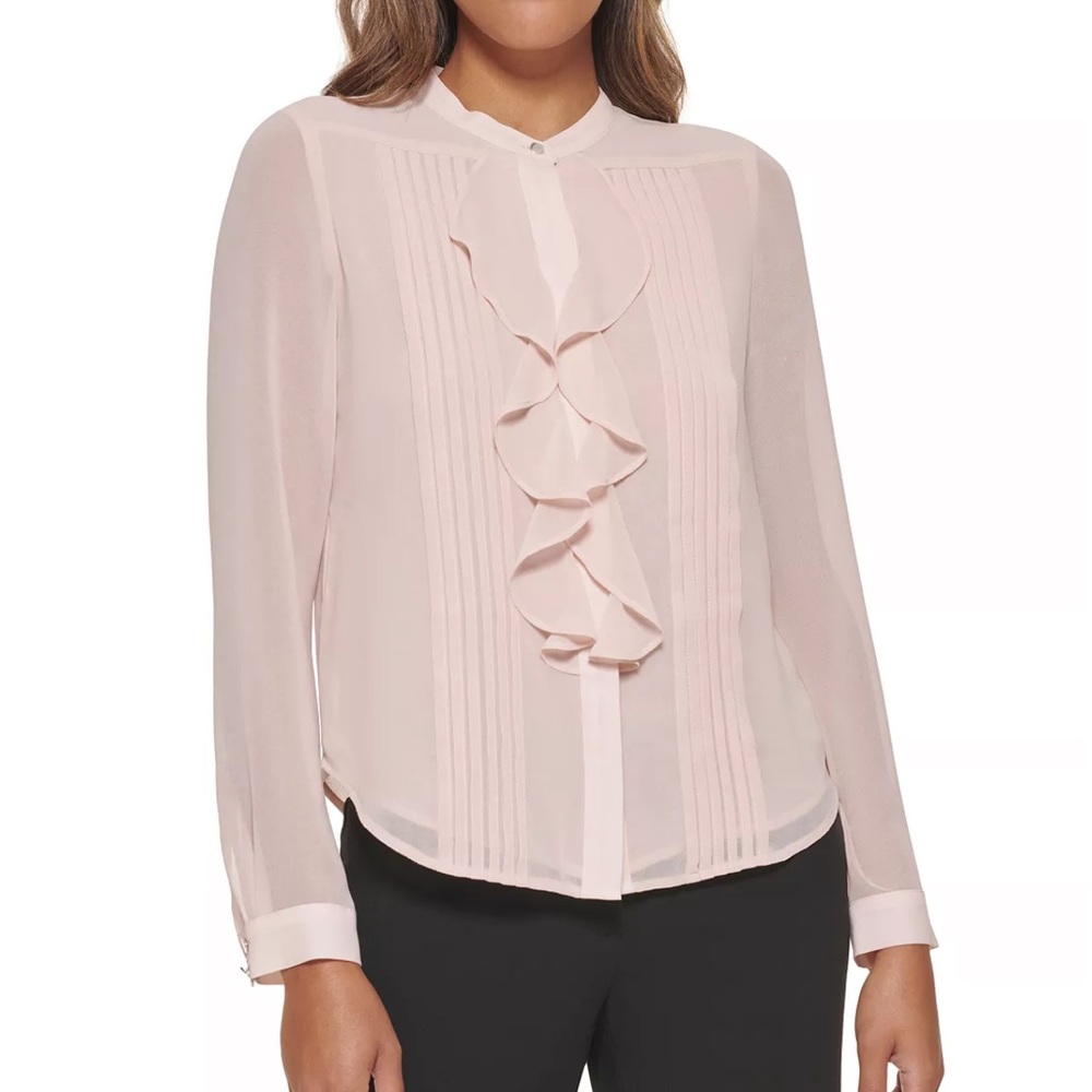 Calvin Klein Petite Long Sleeve Ruffle Front Blouse, Blush, Size: X-Large